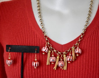 Pepermint Balls and Tassels Necklace and Earrings Set OOAK