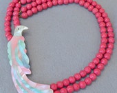 Dyed Pink Coral with Mother of Pearl Bird Focal Vintage Necklace