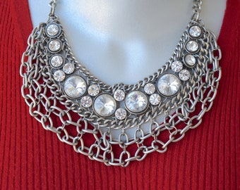 Headlight Rivoli Rhinestone Interlocking Chain Bib Necklace NOS Vintage