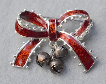 Red Bow with Bells Pin Vintage