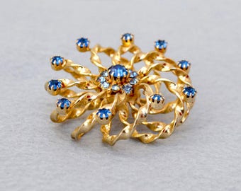 Blue Rhinestone 3 Dimensional Brooch Vintage