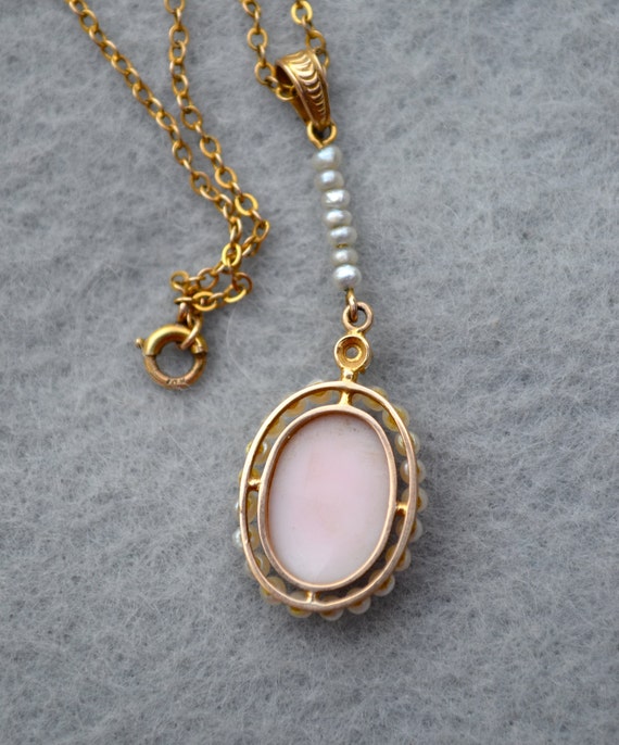 10K Gold Pink Shell Cameo Genuine Diamond Genuine… - image 5