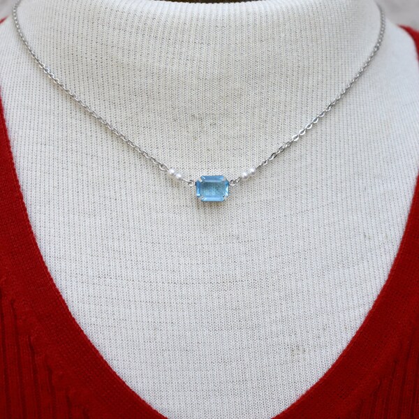 Avon Blue Ice Emerald Cut Rhinestone with Pearl Accents Vintage