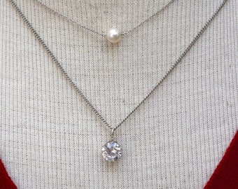 Faux Pearl and Rhinestone 2 Chain Necklace Vintage