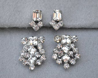 Juliana Rhinestone Duette Brooch or Dress Clips and Married Earrings Silver Tone Set Vintage