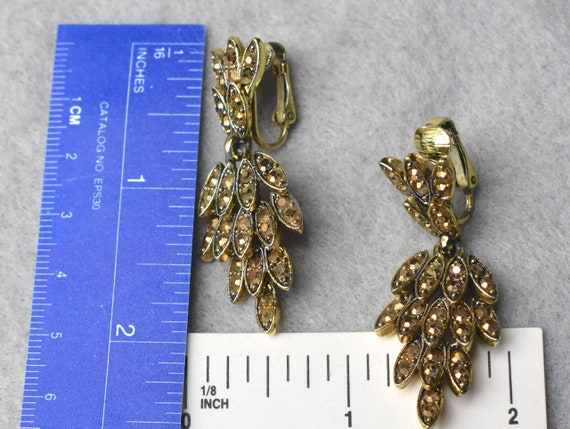 Aurum Rhinestone Dangle Clip Earrings Gold Tone V… - image 6
