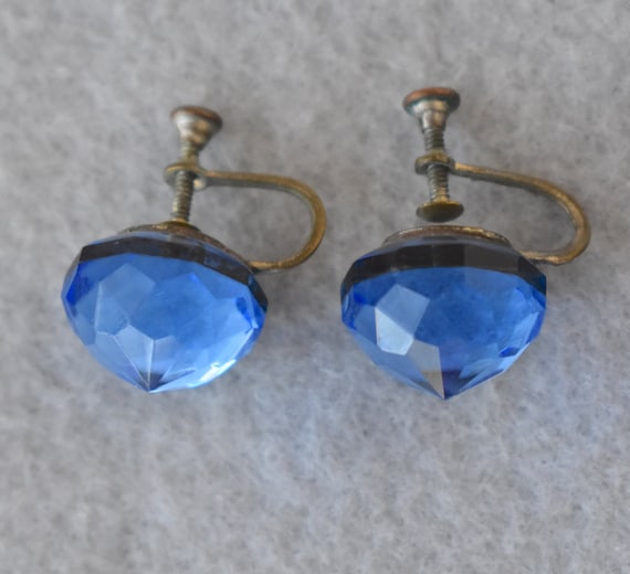 Faceted Blue Domed Rivoli Earrings Vintage - image 1