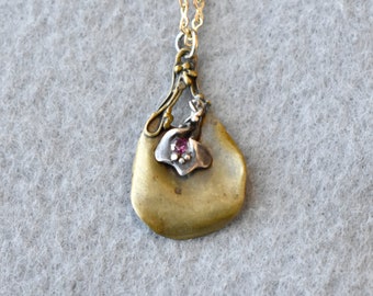 Bronze and Silver Freeform Pendant Necklace with Pink Stone Vintage