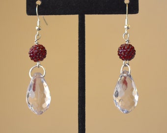 Faceted Lucite Teardrop with Red Rhinestone Ball Bead Earrings