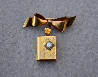 Gold Filled Locket Bow Brooch with 3.3mm Diamond Art Deco Vintage