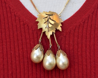 Dangling Pearl Leaf Convertible Dress Clip Necklace Vintage