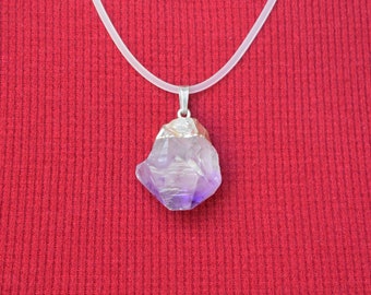 Silver Plated Amethyst Rough Crystal on Rubber Necklace OOAK