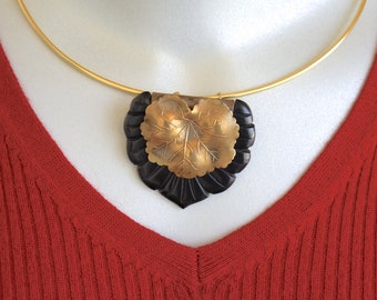 Chocolate Bakelite and Brass Leaf Vintage Focal on Gold Plated Neck Ring OOAK