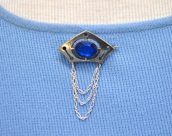 Art Deco Silver Plated Blue Glass Brooch Vintage