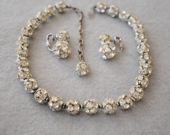 Rhinestone Bead Necklace and Earrings Vintage