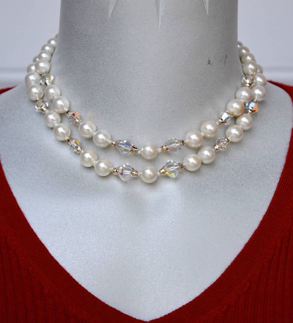Faux Pearl and AB Bicone Bead Japan Necklace Vint… - image 1