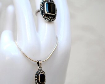 Sterling Silver Onyx and Marcasite Ring and Necklace Vintage