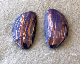 Hand Painted Blue and Gold Porcelain Earrings Clip On Vintage