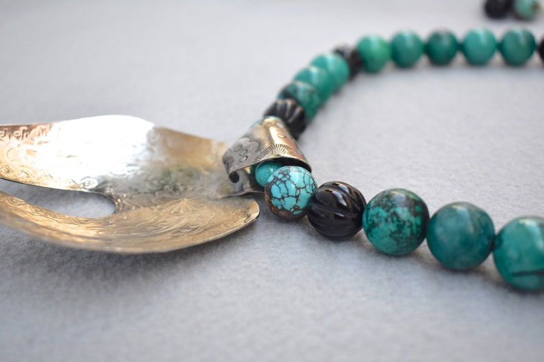 Turquoise and Black Onyx with Silver Tone Southwest Focal Necklace and Earrings image 8