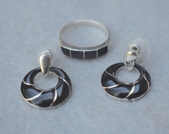 Sterling Onyx Ring and Married Enamel Earrings Vintage