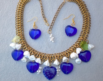 Blue Hearts White Flowers Necklace and Earrings OOAK
