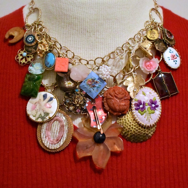 Triple Layer Bib Charm Necklace with Vintage Components