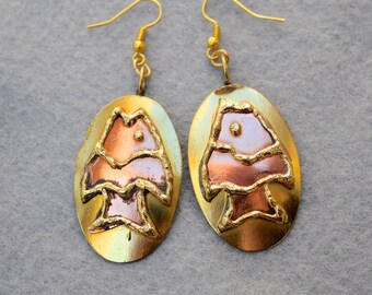 Brass and Copper Fish Earrings Brutalist Style Vintage