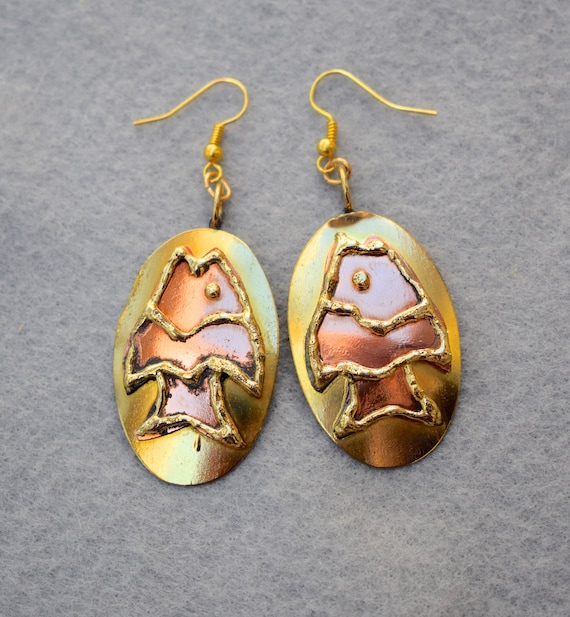 Brass and Copper Fish Earrings Brutalist Style Vin