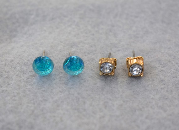 Dichroic Glass and Rhinestone Stud Earrings 2 Pai… - image 1