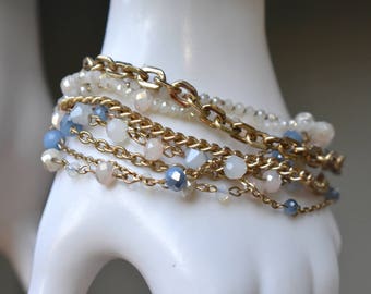 Blue and White Crystals and Multi Chain Toggle Bracelet Vintage