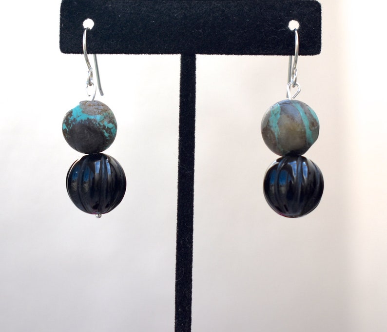 Turquoise and Black Onyx with Silver Tone Southwest Focal Necklace and Earrings image 4