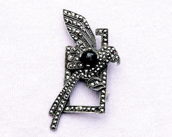 Sterling Silver, Marcasite and Onyx Parrot Art Deco Style Brooch Vintage