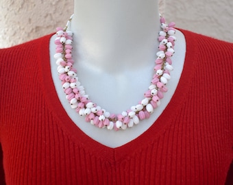 Pink and White Beaded Cha Cha Necklace from Vintage Components