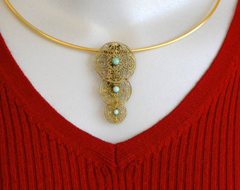 Filigree Circles with Art Glass Cabochons Dress Clip on Gold Plated Neck Ring OOAK