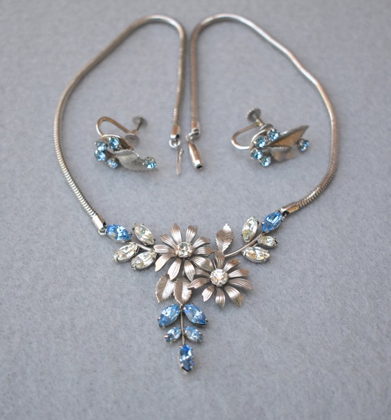 Krementz Floral Rhinestone Necklace and Earrings … - image 1