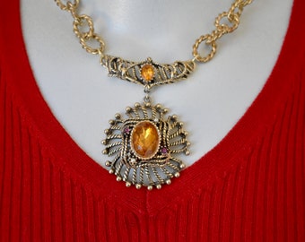 Topaz Color Rhinestone Pendant Necklace with Textured Metal OOAK