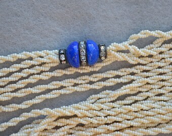 Long Seed Bead Flapper Necklace with Blue Bead Rhinestone Focal Art Deco Vintage