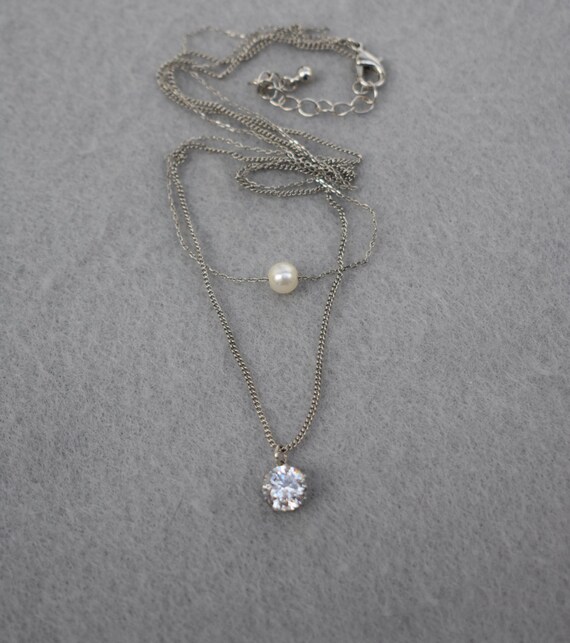 Faux Pearl and Rhinestone 2 Chain Necklace Vintage - image 6
