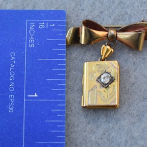 Gold Filled Locket Bow Brooch with 3.3mm Diamond Art Deco Vintage image 6