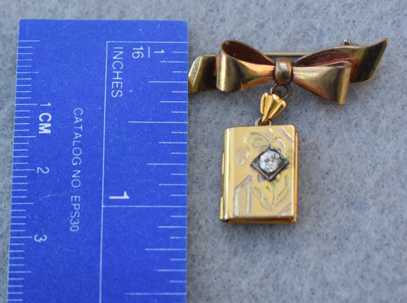 Gold Filled Locket Bow Brooch with 3.3mm Diamond Art Deco Vintage image 6