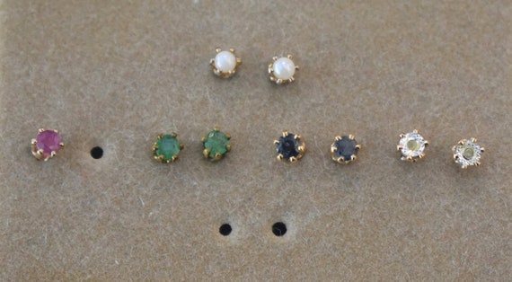 Stud Earring Lot Pearl, Ruby, Emerald and Sapphir… - image 2