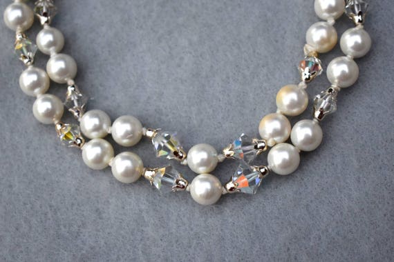 Faux Pearl and AB Bicone Bead Japan Necklace Vint… - image 6