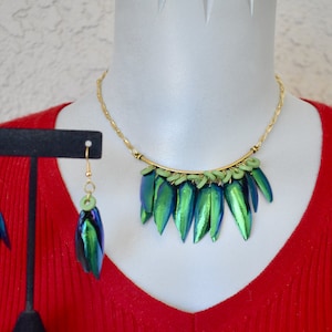Green Beetle Wing Necklace and Earrings Set with Greek Ceramic Beads