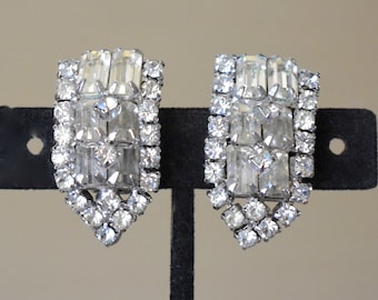 Rhinestone Prong Set Clip On Earrings Old Hollywood Glamour Vintage