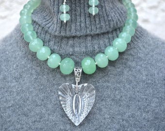 Calcedony Beads with Waterford Crystal Heart Pendant and Sterling Necklace & Earrings
