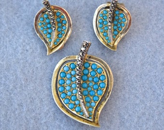 Sterling Vermeil Leaf Brooch & Earrings with Marcasite and Blue Cabochons Vintage