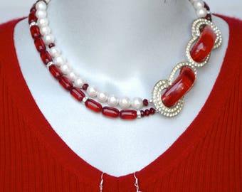 Pearl and Glass Bead Necklace with Vintage Buckle Clasp Necklace & Earring Set