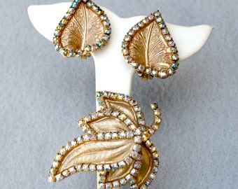 AB Rhinestone Gold Tone Leaf Design Brooch and Earrings Vintage