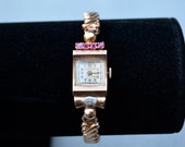 Rose Gold Art Deco Vintage Longeau Watch With Rubies and Genuine Diamond