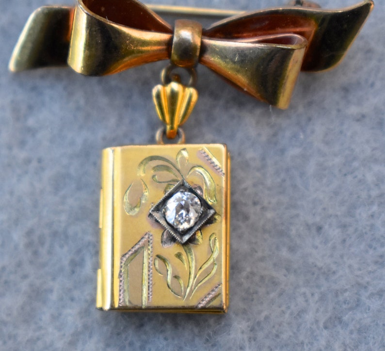 Gold Filled Locket Bow Brooch with 3.3mm Diamond Art Deco Vintage image 2